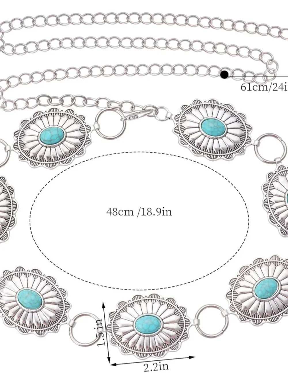 Turquoise Western Concho Chain Belt for Women Cowgirl Cowboy Metal Waist Link Ch - Picture 2 of 6